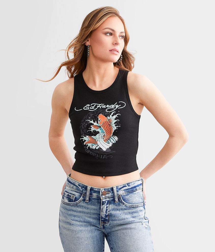 Ed Hardy Cali Koi Cropped Tank Top - Women's Tank Tops in Black | Buckle