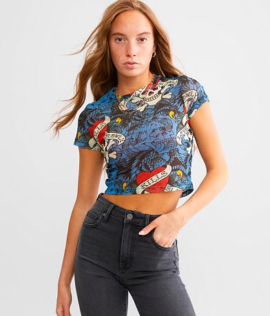 Ed Hardy Skulls Cropped T-Shirt front view