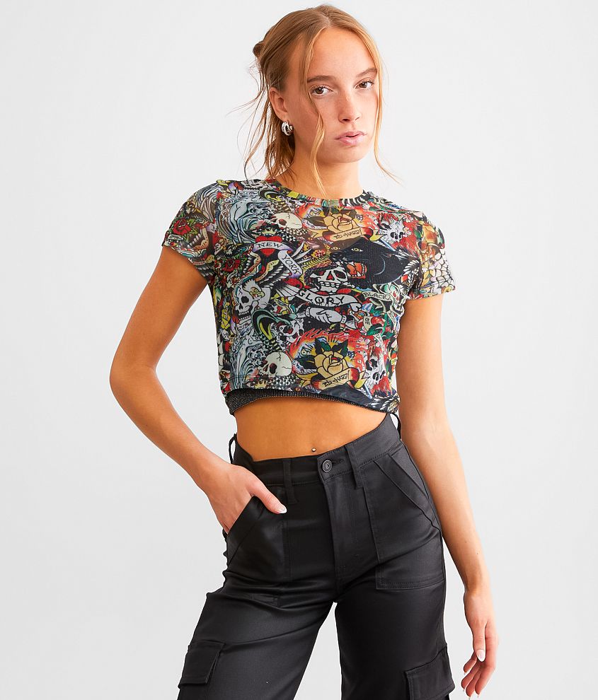 Ed Hardy Flash Mix Cropped T-Shirt front view
