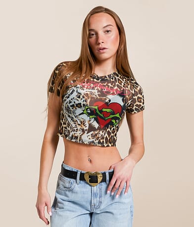 Ed Hardy Heart Power Leopard Cropped Baby T-Shirt full left side view
