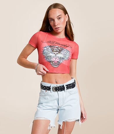 Ed Hardy Tiger Head Power Cropped Baby T-Shirt front view