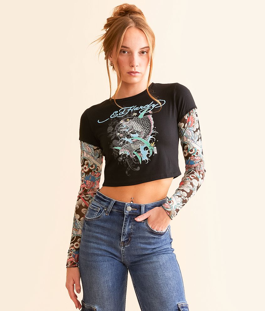 Ed Hardy Koi Fish Baby Cropped T-Shirt front view