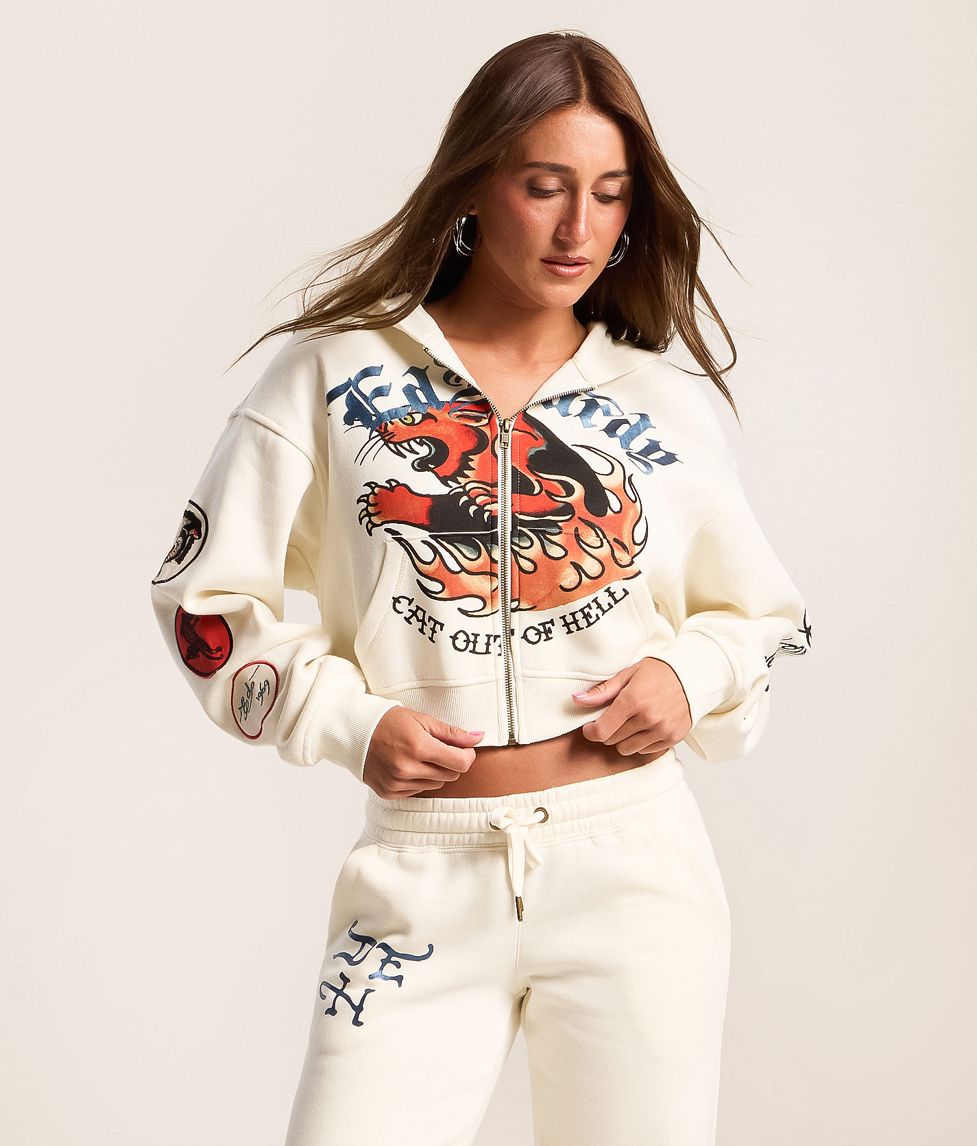 Ed Hardy Flames Cropped Hoodie - Women's Sweatshirts in Lt Cream