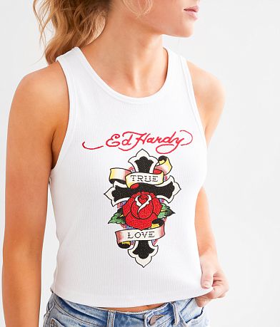 Ed Hardy Rhinestone Cross Cropped Tank Top - Women's Tank Tops in White ...