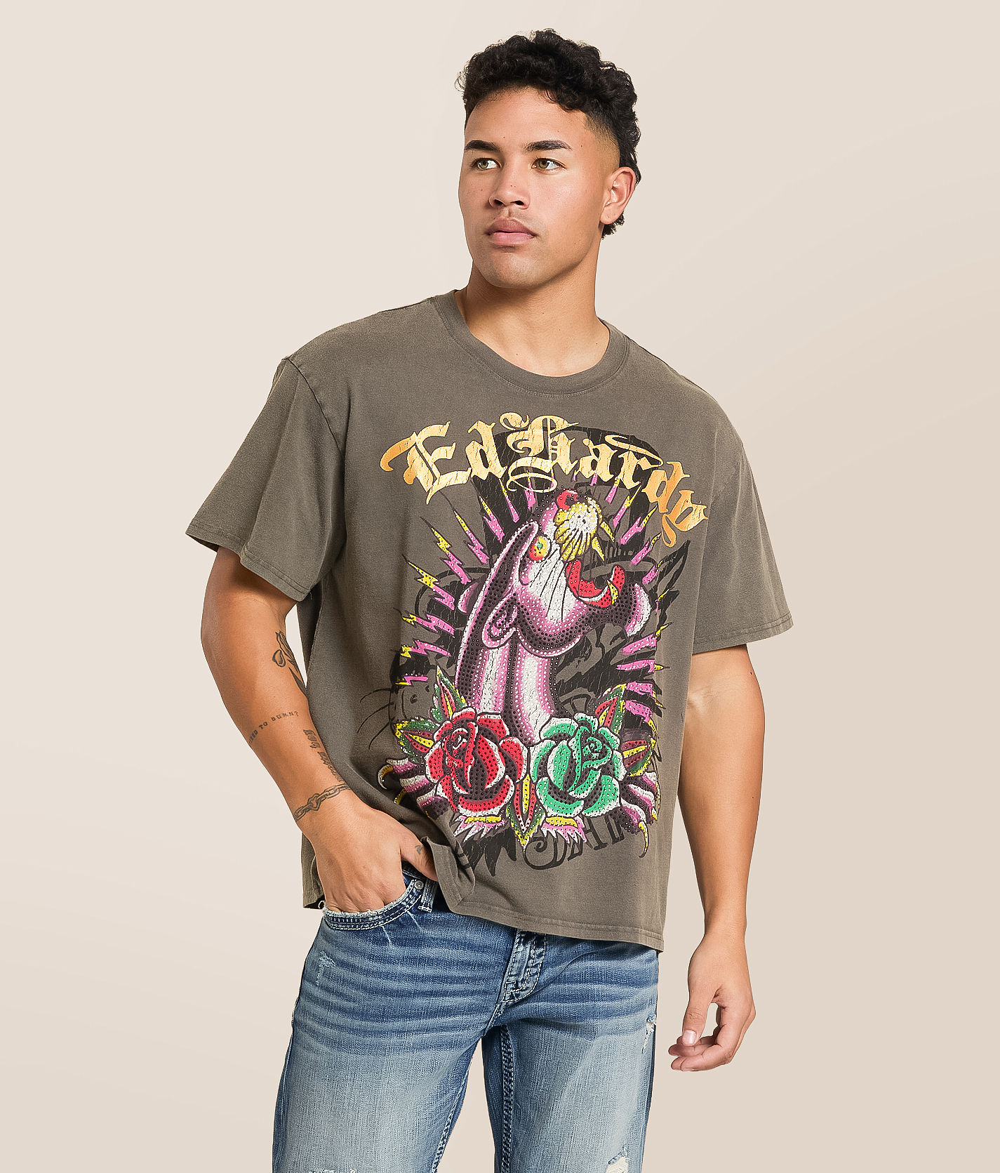 Ed Hardy Panther Rose Rhinestone T-Shirt - Men's Graphic T-Shirts