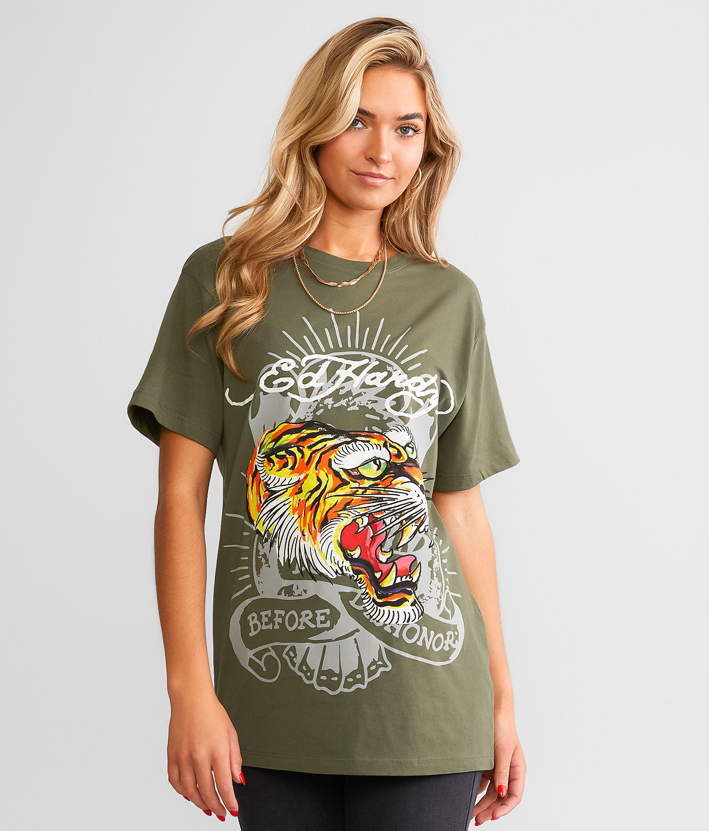 Ed Hardy Screaming Tiger Throwback T-Shirt - Green Medium, Women's