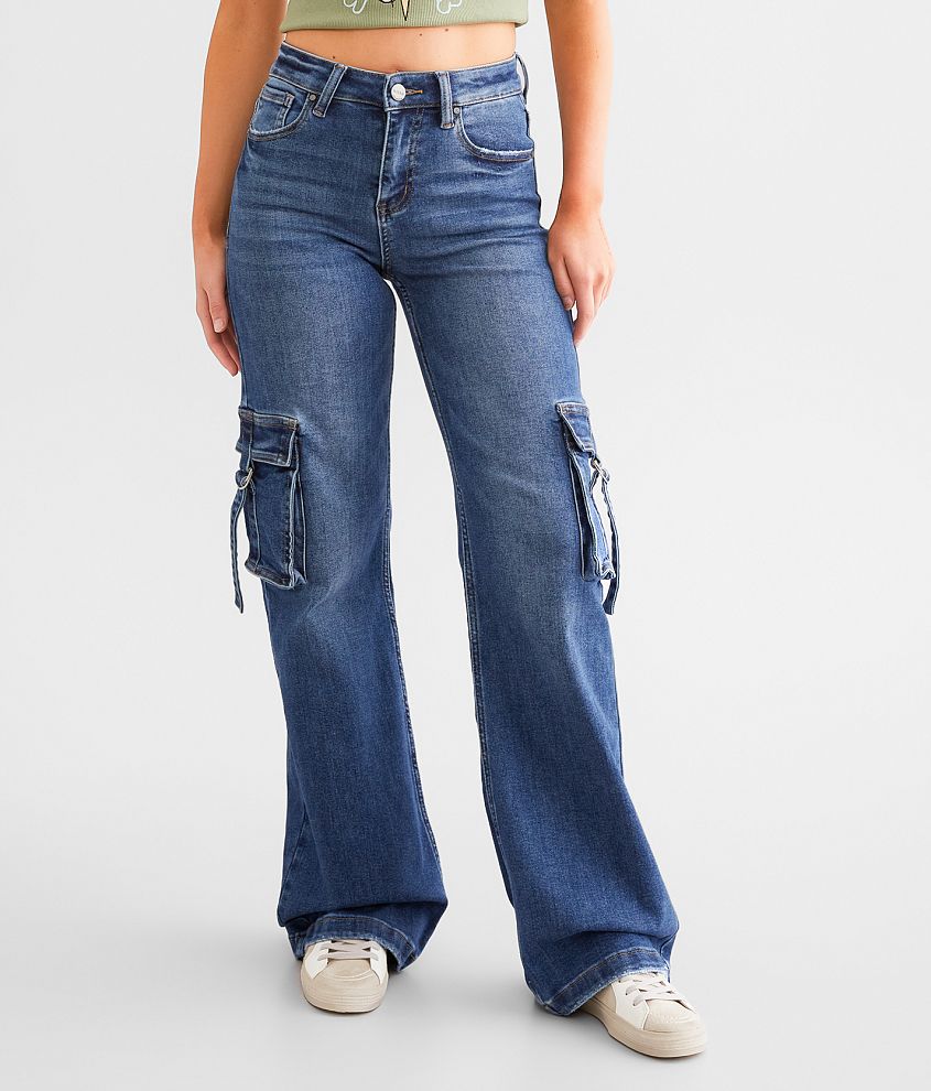 Risen High Rise Wide Leg Cargo Stretch Jean front view