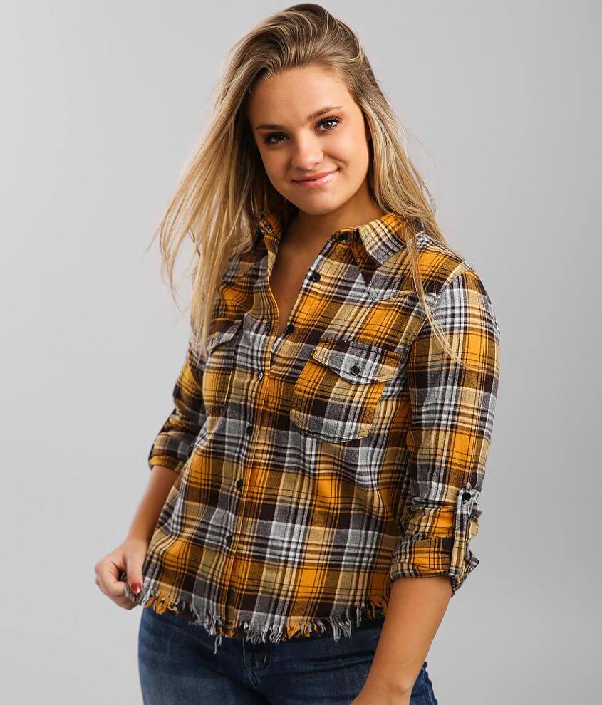 No Boundaries Plus Women's Frayed Hem Flannel Shirt 