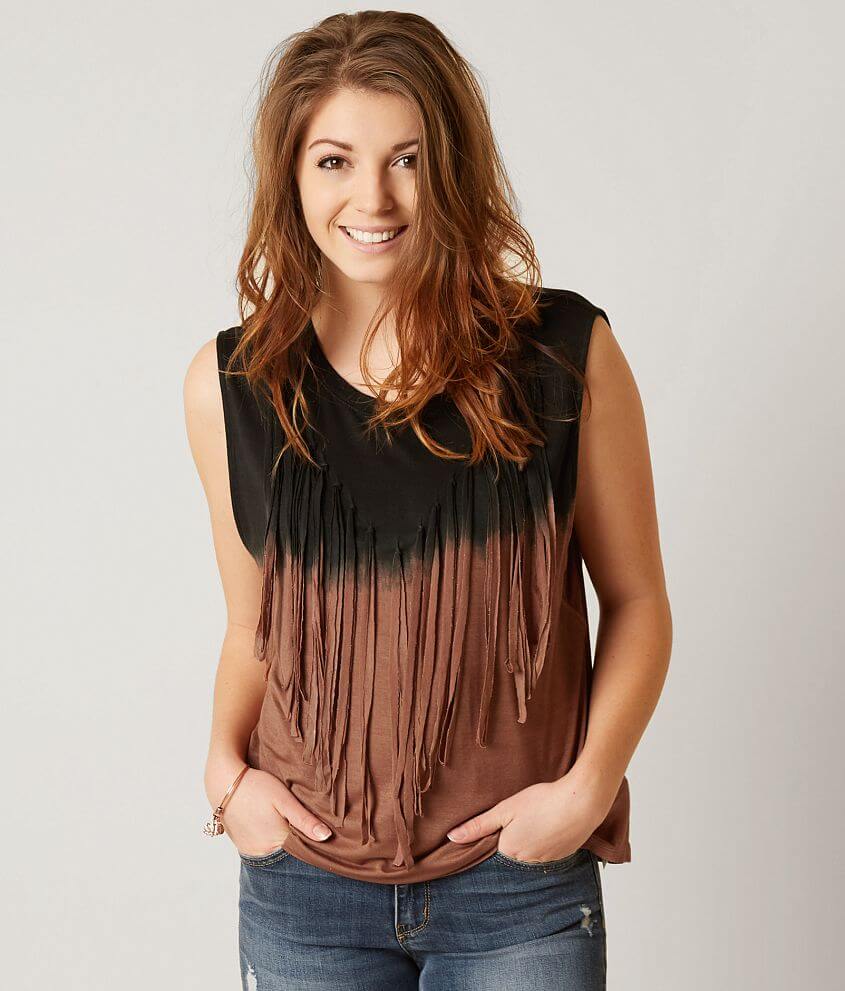 Gimmicks Sleeveless Fringe Top front view