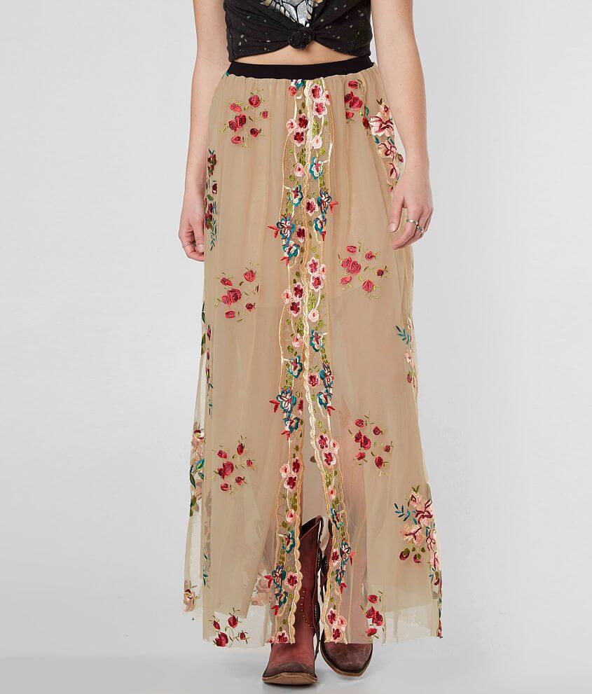 Floral Embroidered Mesh Maxi Skirt