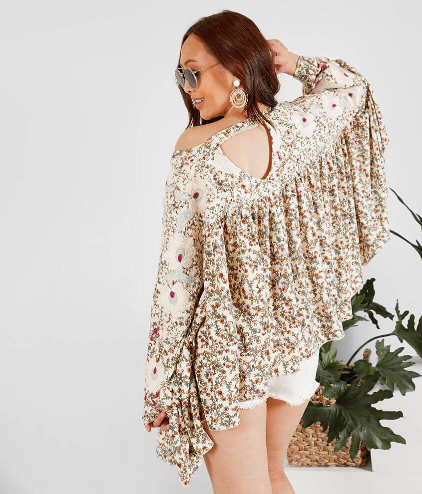 Gimmicks Floral Embroidered Flowy Henley Top front view