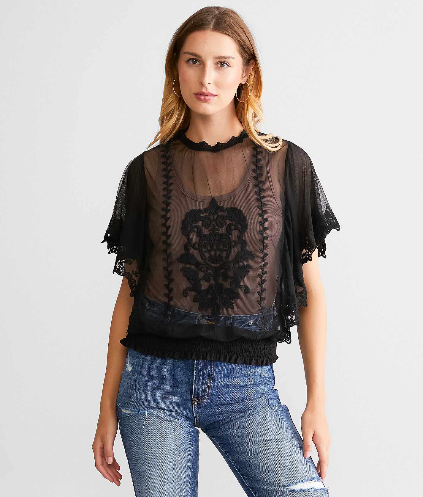 Daytrip Sheer Mesh Lace Top - Women's Shirts/Blouses in Black