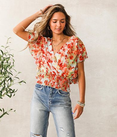 Willow & Root Floral Chiffon Surplice Top front view