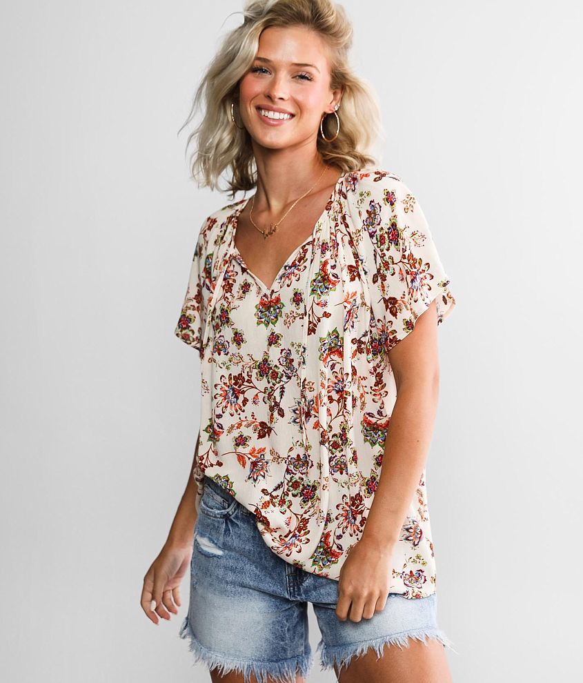 Short V-neck Blouse - Cream/floral - Ladies