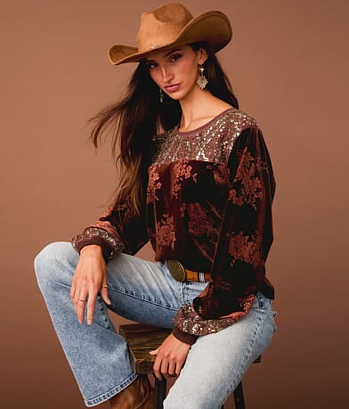 Sterling & Stitch Floral Velvet Top front view