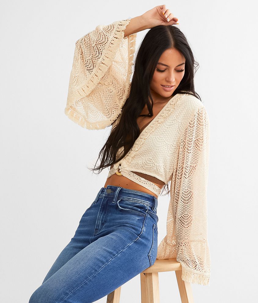 Willow & Root Crochet Fringe Cropped Top - Women's Shirts/Blouses in Beige