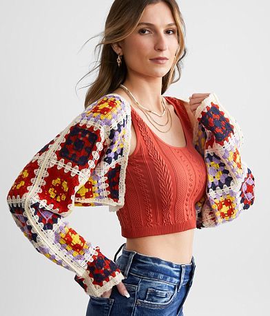 Willow & Root Granny Square Cropped Cardigan Sweater front view