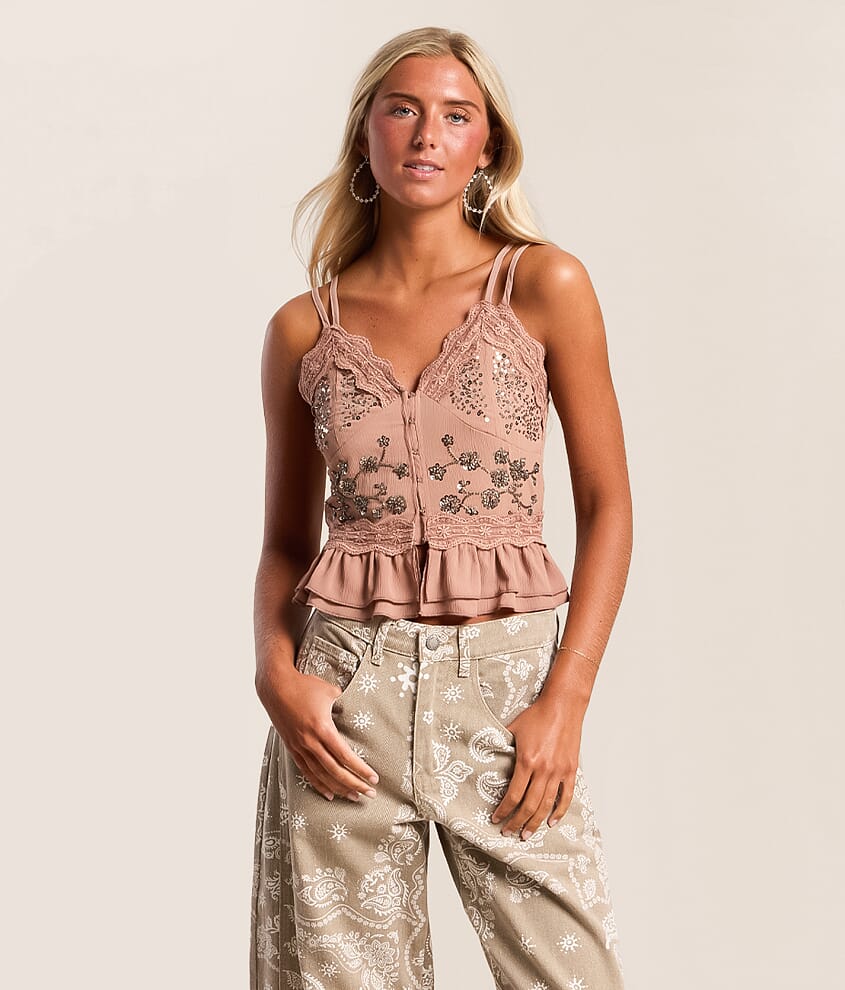 Embellished Crinkle Chiffon Tank Top