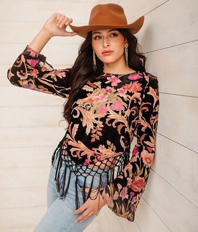 Sterling & Stitch Velvet Fringe Top front view