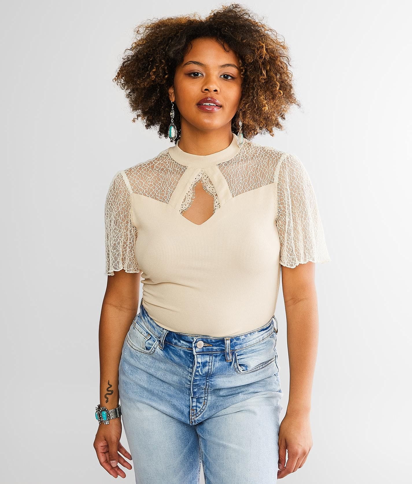 Endless Blu Embellished Mesh Top - Cream Small, Women's