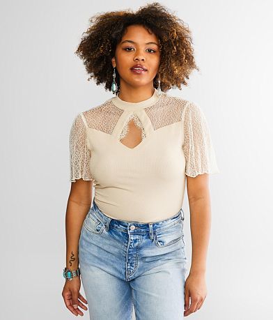 red by BKE Pieced Lace Top front view