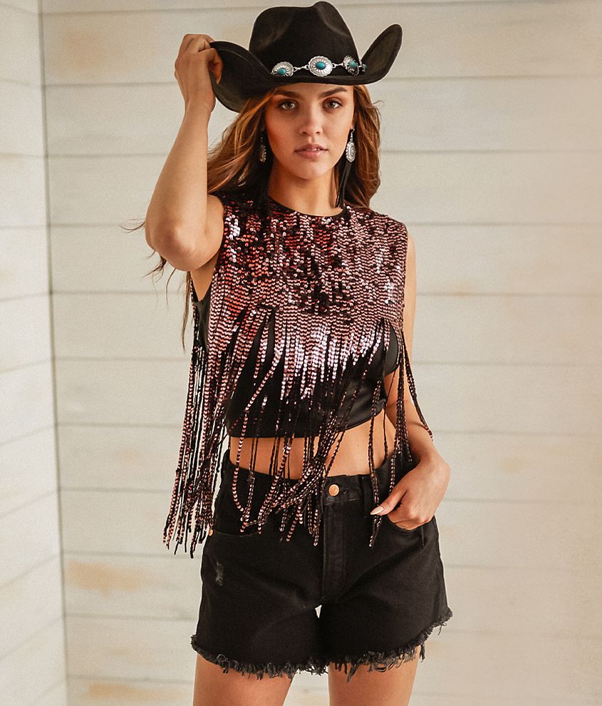 SHAKE IT SEQUIN FRINGE TANK TOP in black