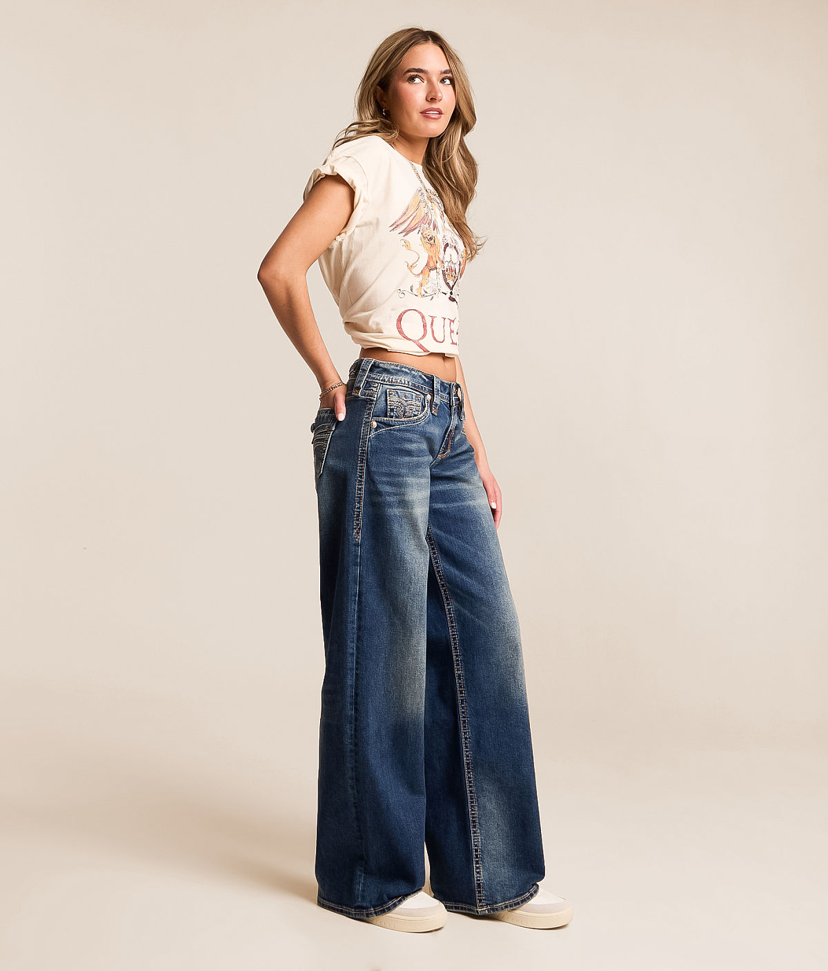 Rock Revival Titania Low Slung Wide Leg Baggy Stretch Jean — Vintage Dark Blue by Buckle