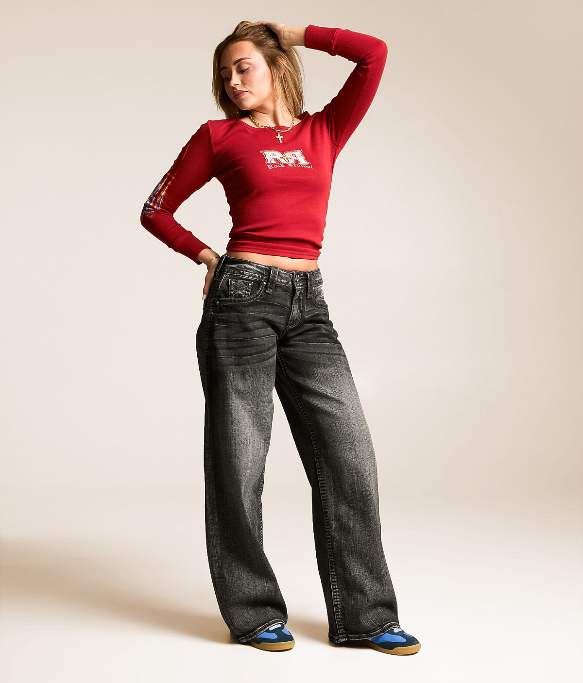 Rock Revival Titania Low Slung Wide Leg Baggy Stretch Jean — Washed Black by Buckle