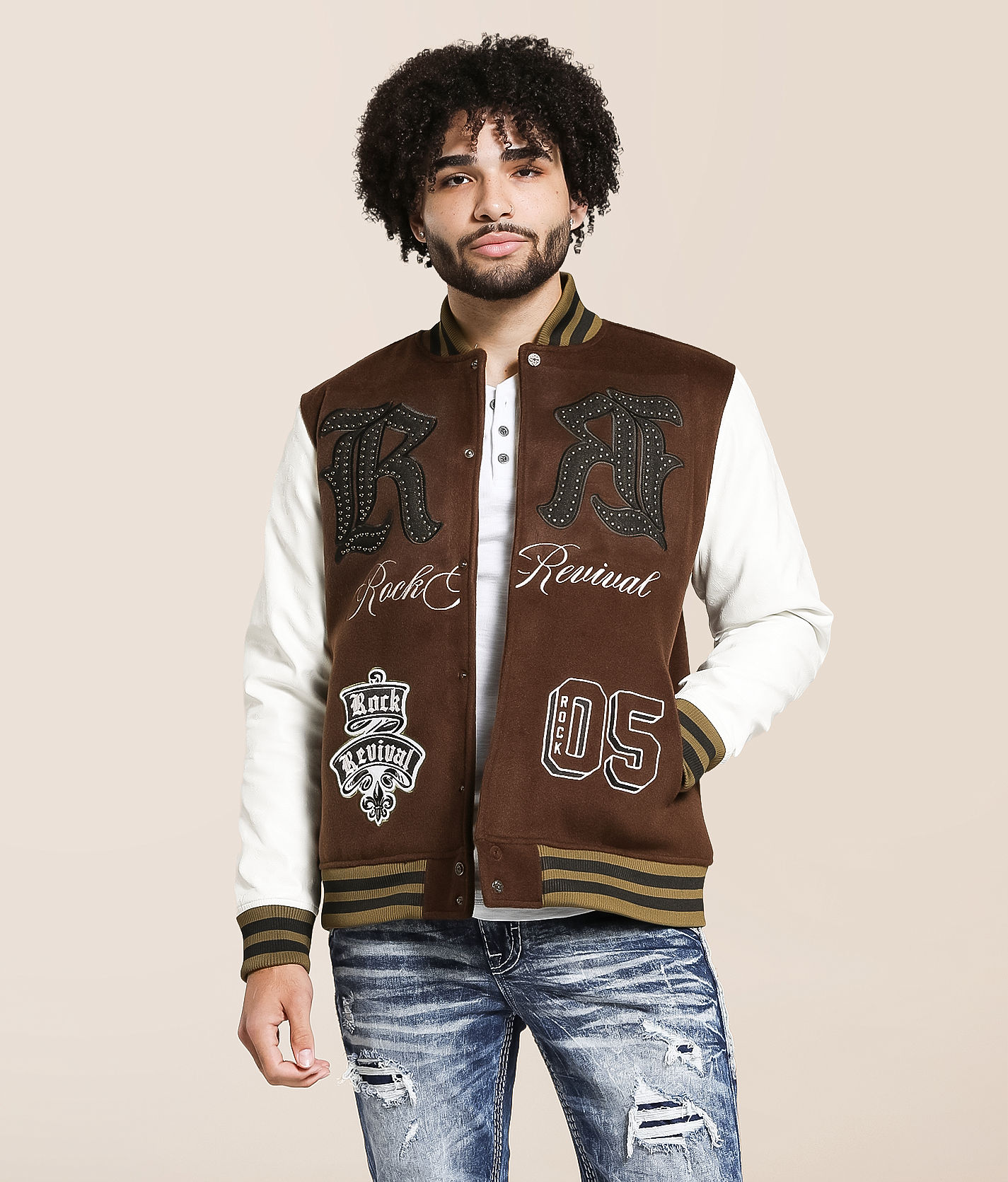 Rock Revival Varsity Jacket - Men's Coats & Jackets in Brown White