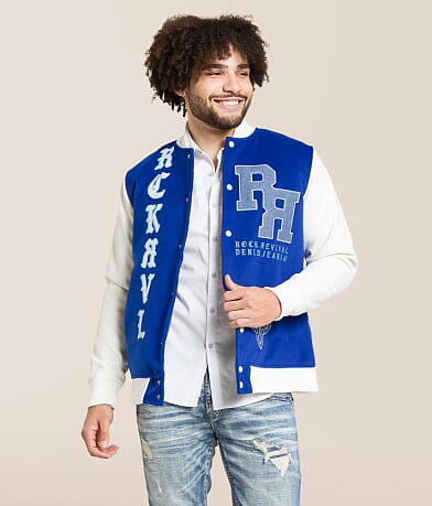 Rock Revival White & Blue Varsity Jacket front view