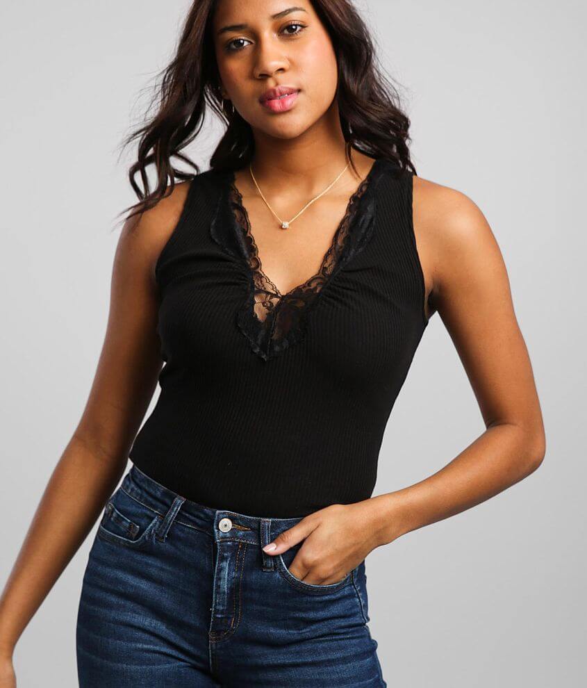 Lace-trimmed Tank Top - Black - Ladies