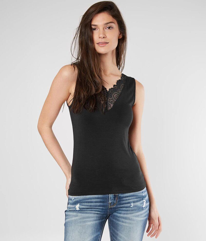 Lace-trimmed Tank Top - Black - Ladies