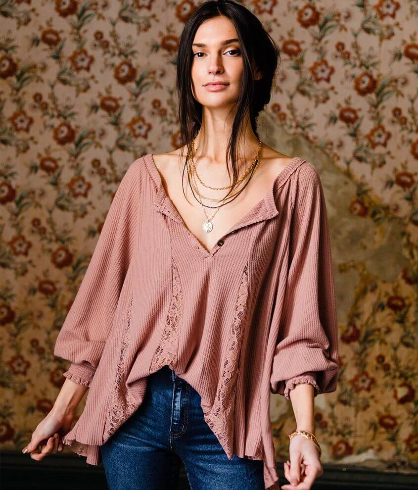 Gimmicks Pieced Henley Tunic Top front view