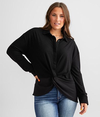 Buckle Black Pieced Knit Blouse front view