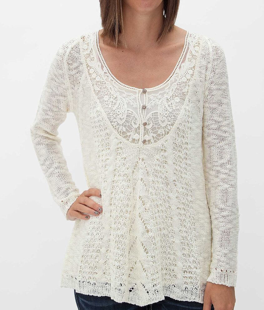 Solitaire Pieced Crochet Henley Sweater front view