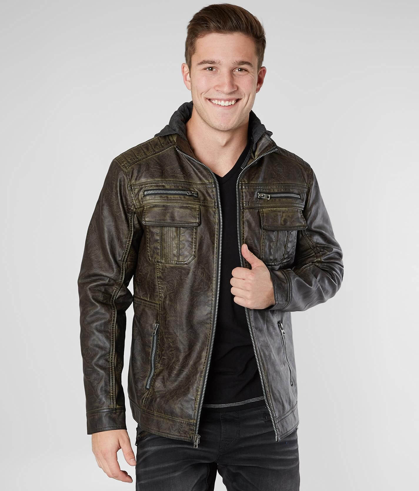 Buckle Black Seam Spray Faux Leather Jacket - Men's Coats/Jackets in Black