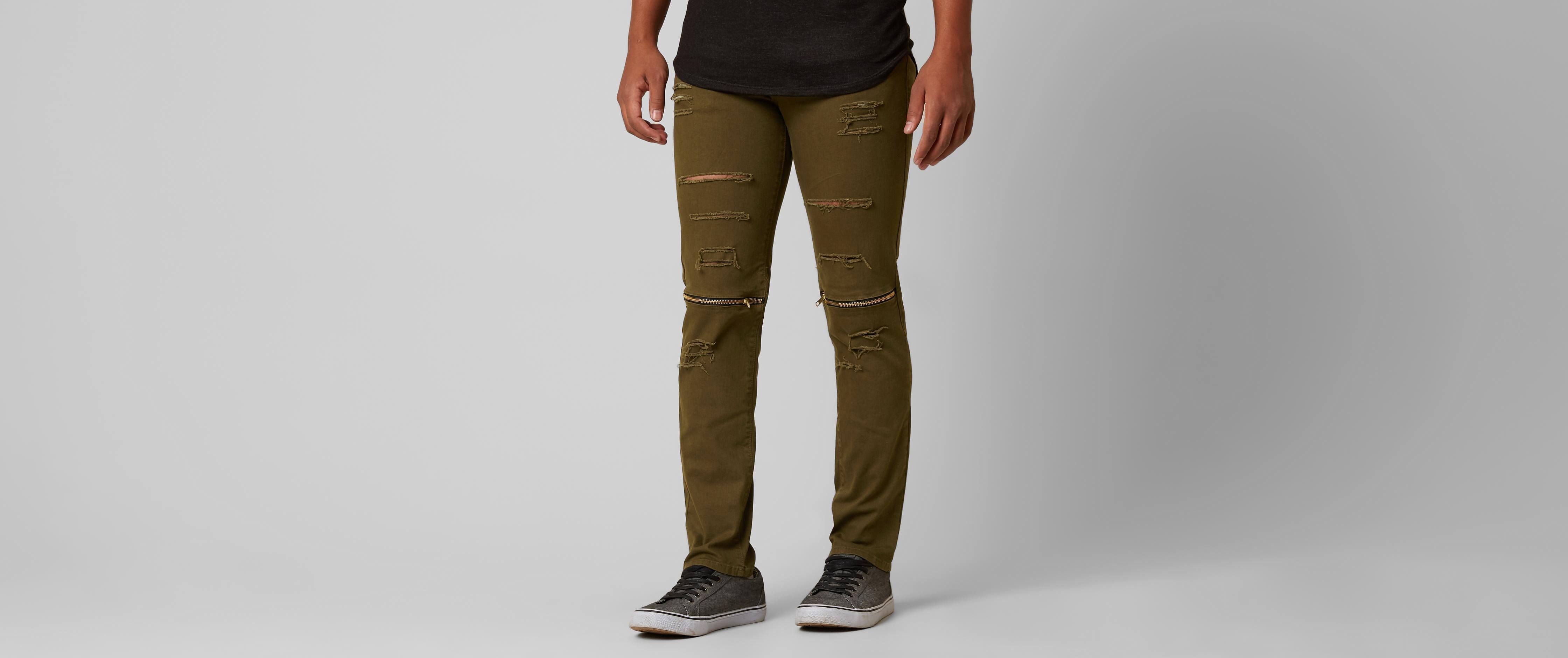Rustic Dime Shredded Stretch Jean Men's Jeans in Olive Buckle