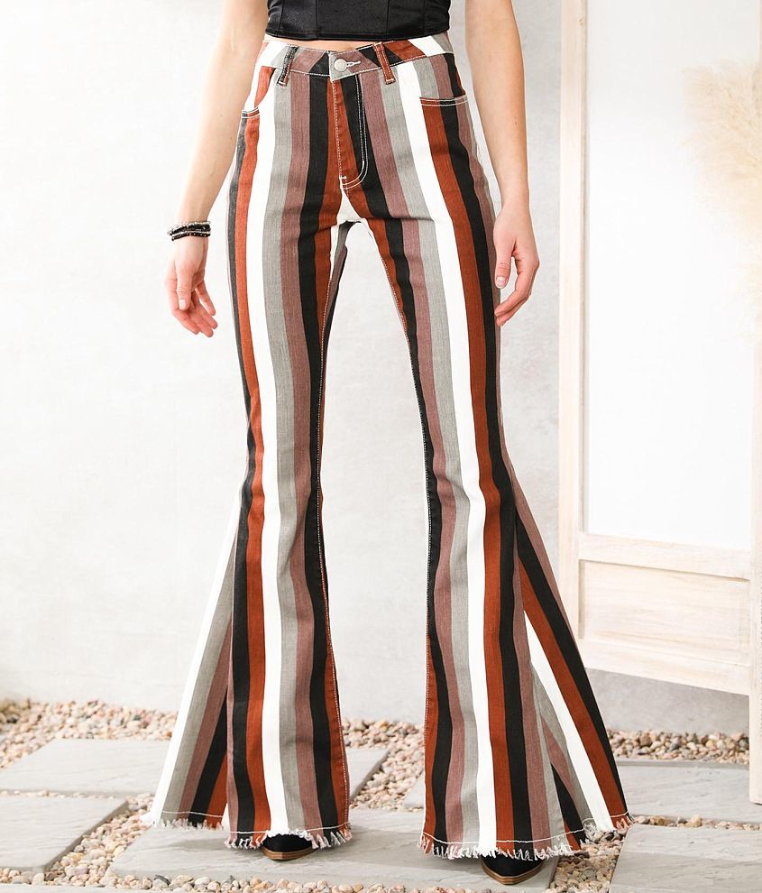 Brown Stripe Belted Denim Flared Jeans