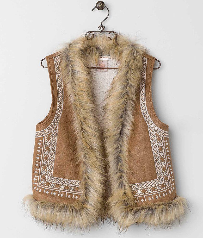 Faux Suede Shearling Embroidered Coat - Camel