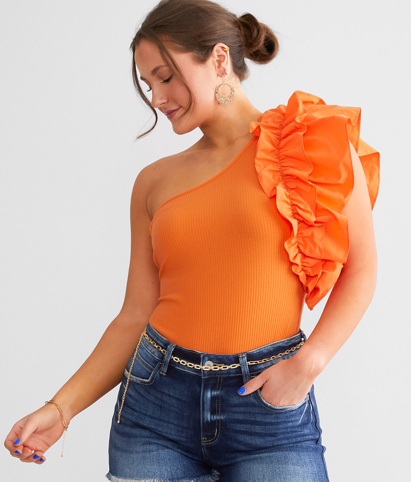 Life's Good One Shoulder Ruffle Bodysuit