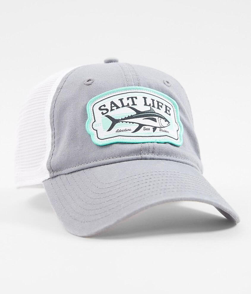 Salt Life Tuna Badge Trucker Hat Men s Hats in Frost Gray Buckle