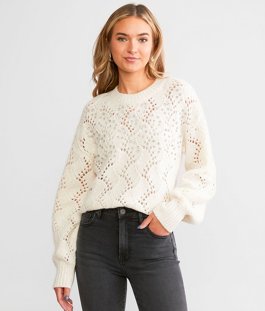 Women's White Crochet Lace Pointelle Knit Sweater