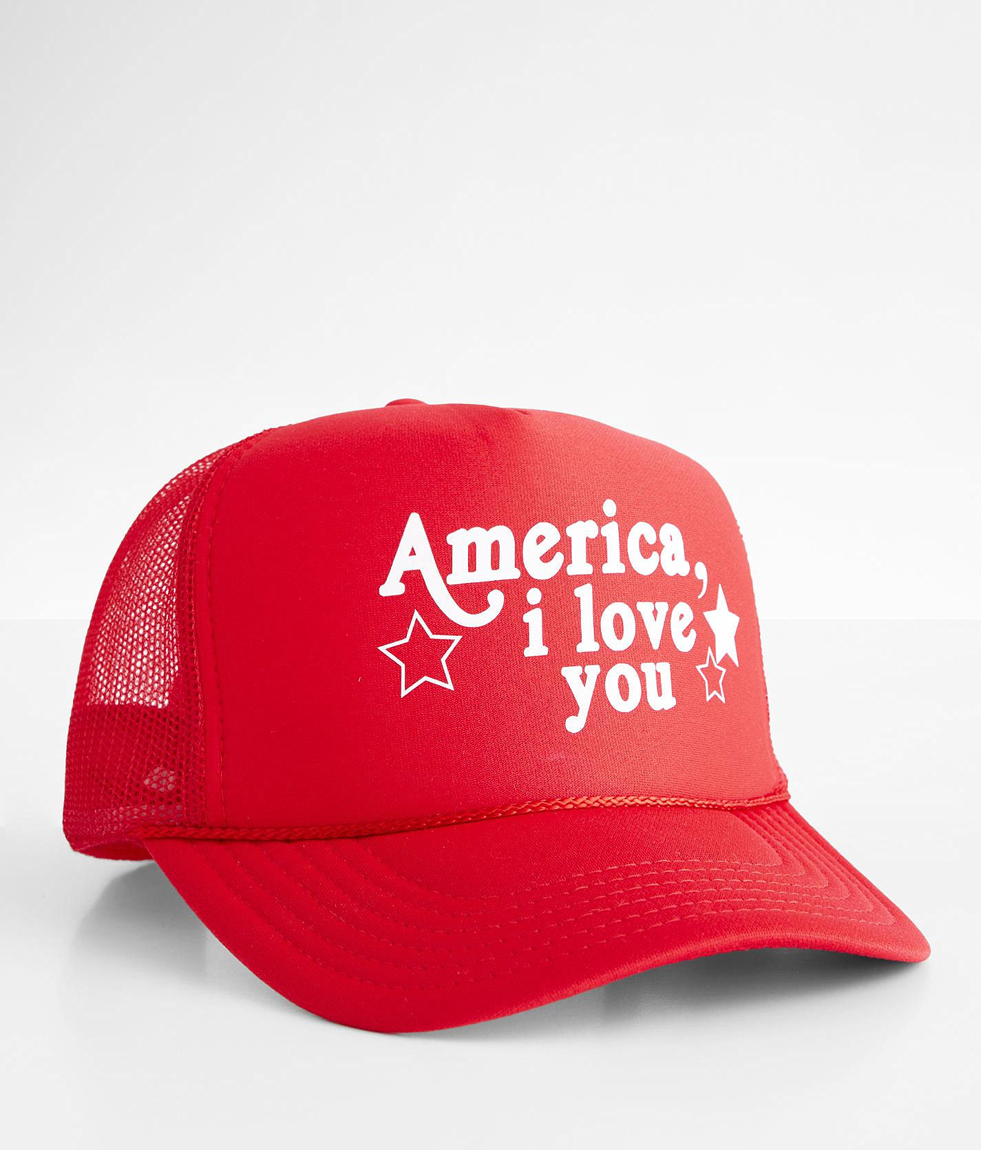 America, I Love You Trucker Hat Women's Hats in Red Buckle