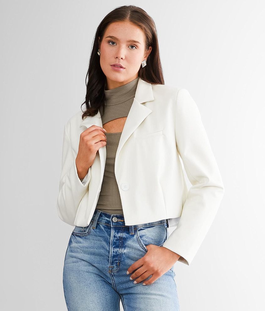 Know One Cares Cropped Faux Leather Blazer front view