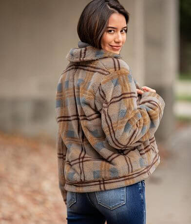 Know One Cares Plaid Fleece Jacket back view