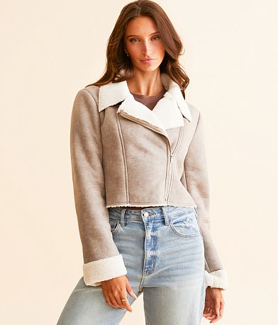 Know One Cares Faux Suede Moto Cropped Jacket front view