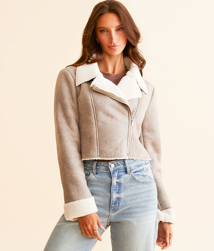 Know One Cares Faux Suede Moto Cropped Jacket front view