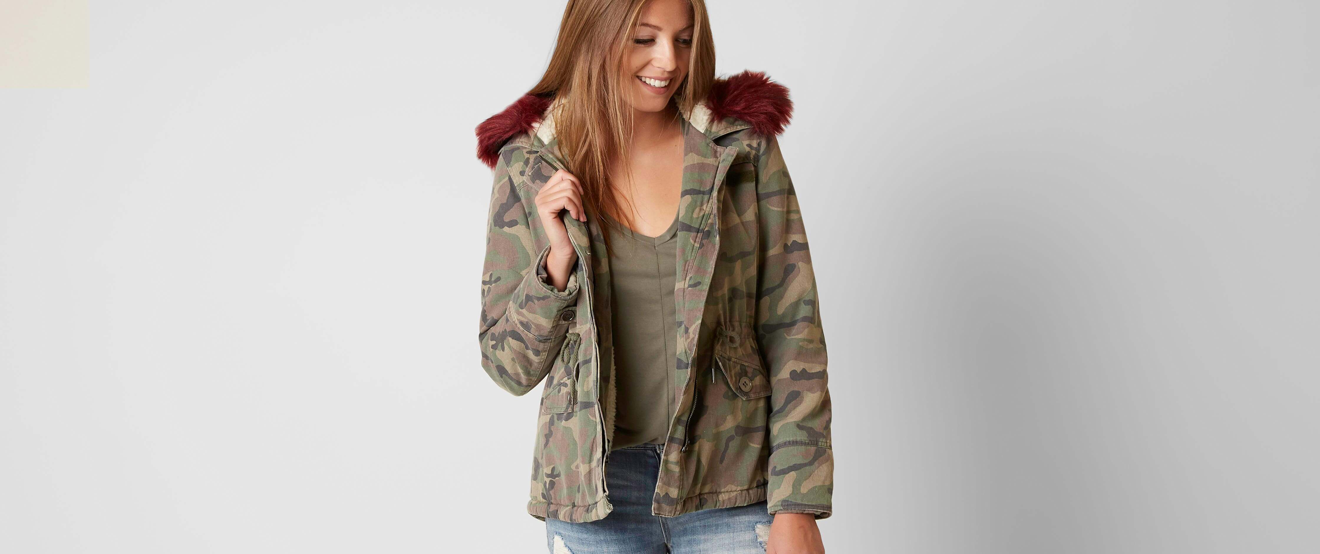 camo jacket with fur hood