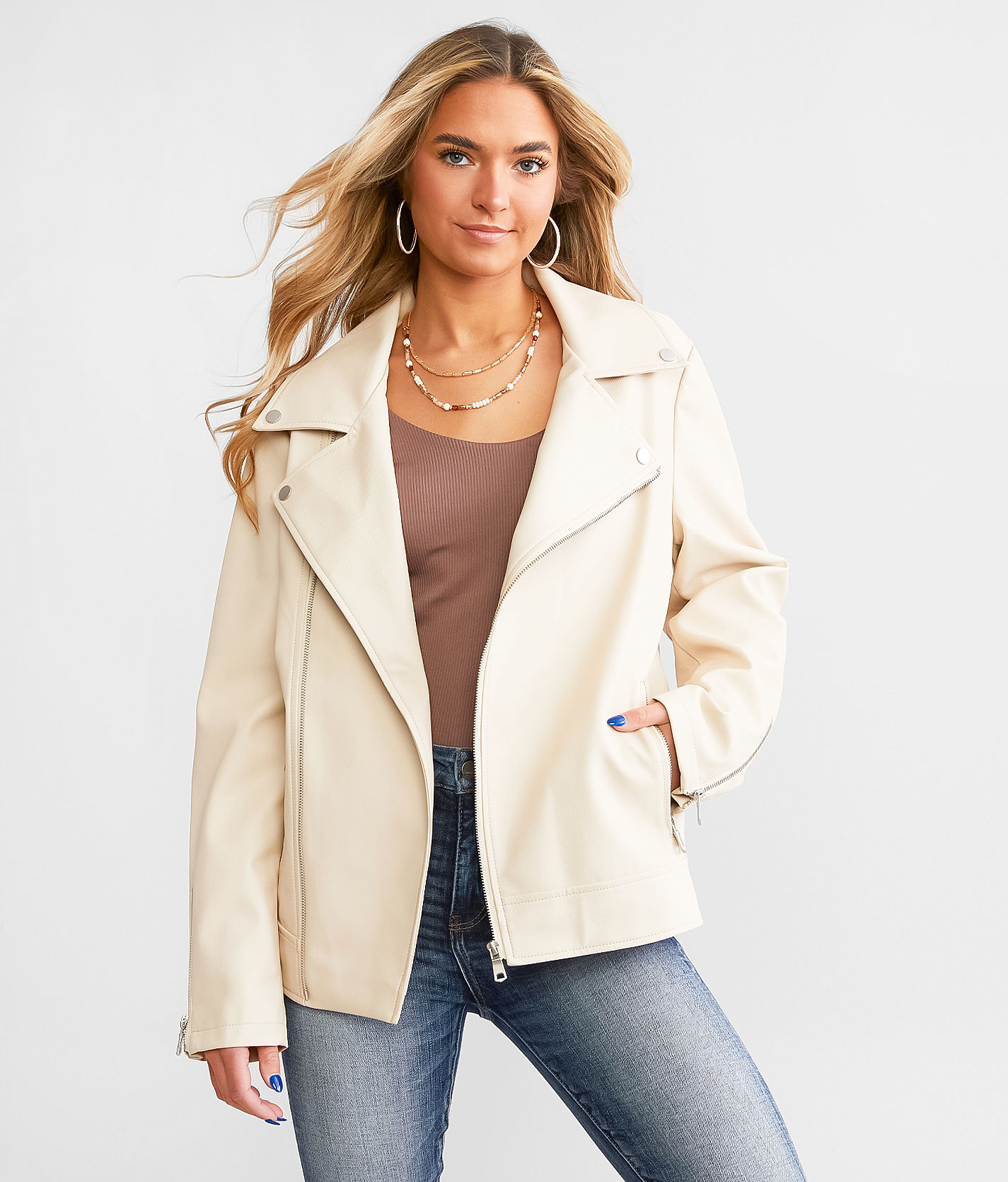 cream faux suede biker jacket