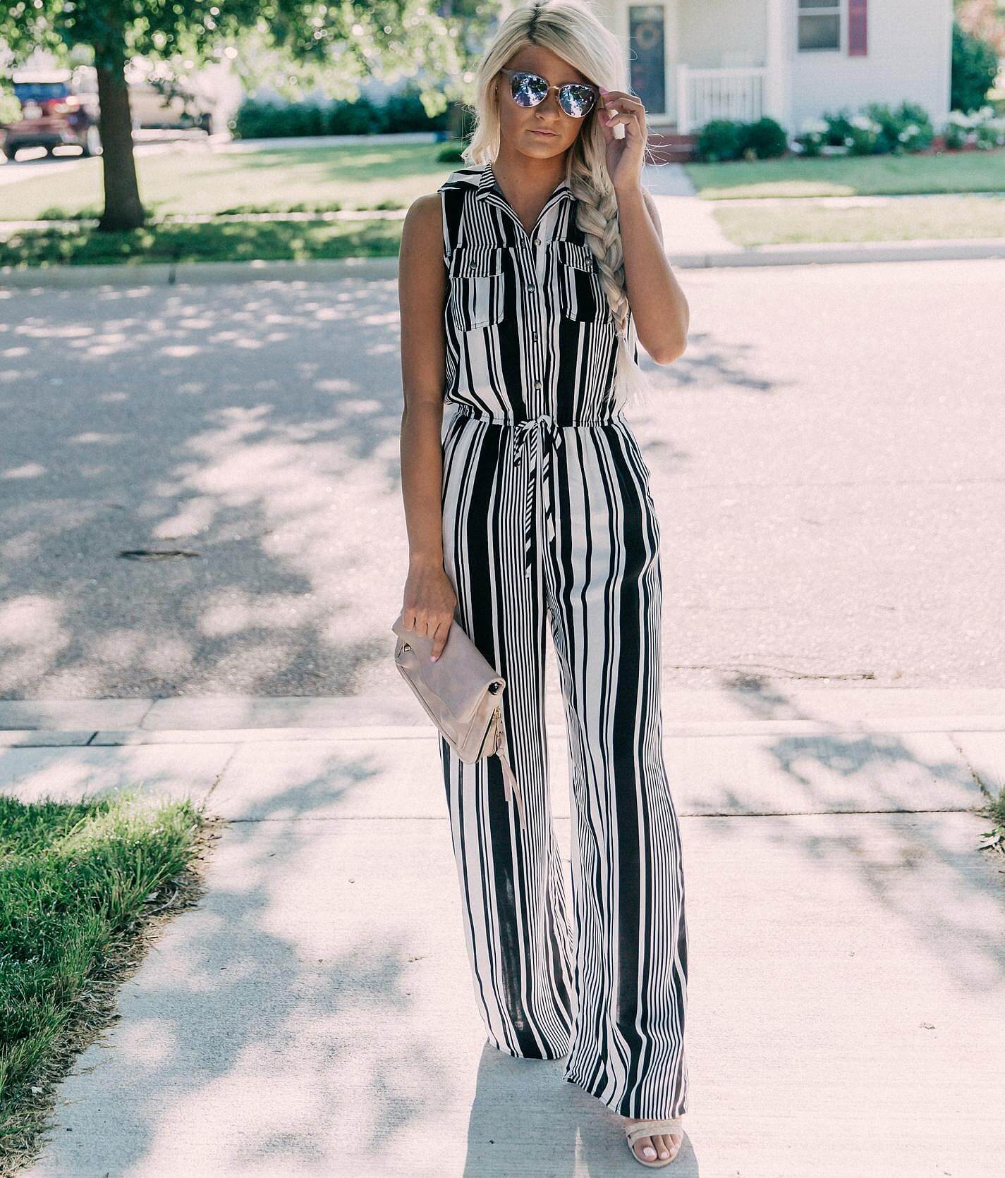 black and white vertical striped jumpsuit